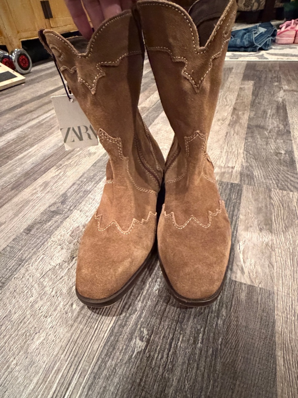 Zara Tan Suede Western Mid-Calf Boots